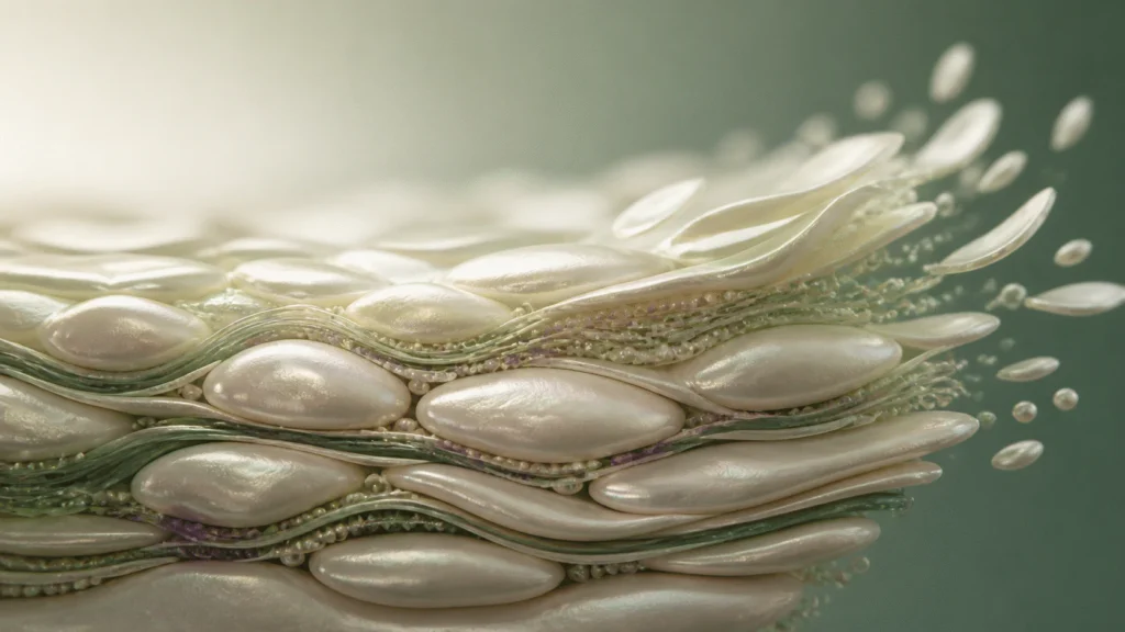 Pearlescent cell-like forms interwoven with green lamellar layers against a softly lit forest-green background.