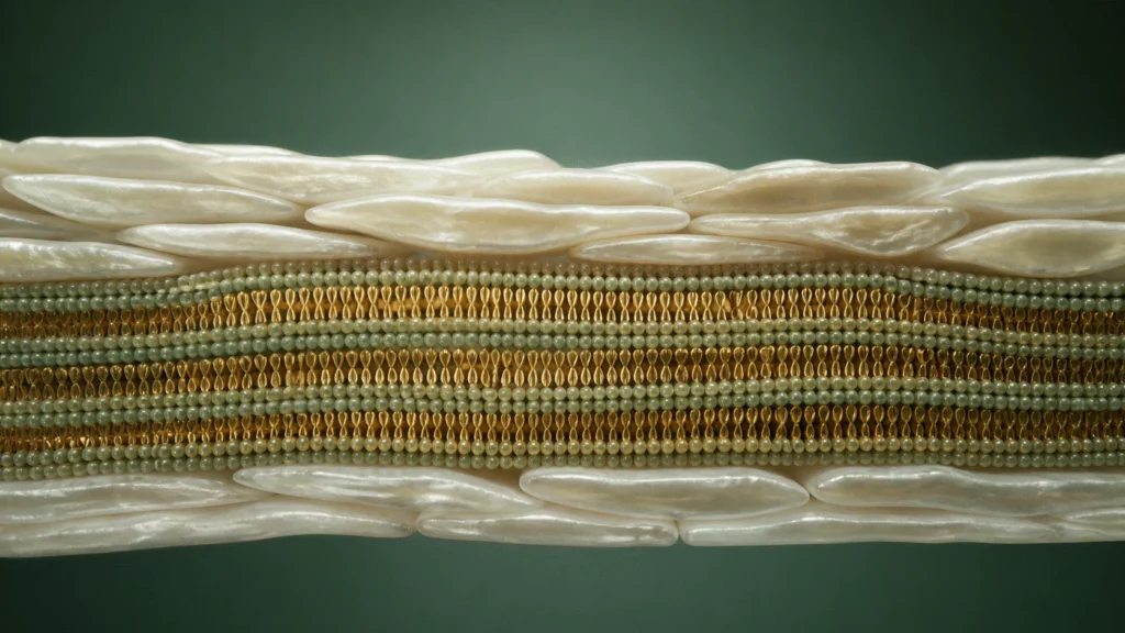 Ordered sage and gold lamellar layers arranged between rows of pearlescent skin-like forms.