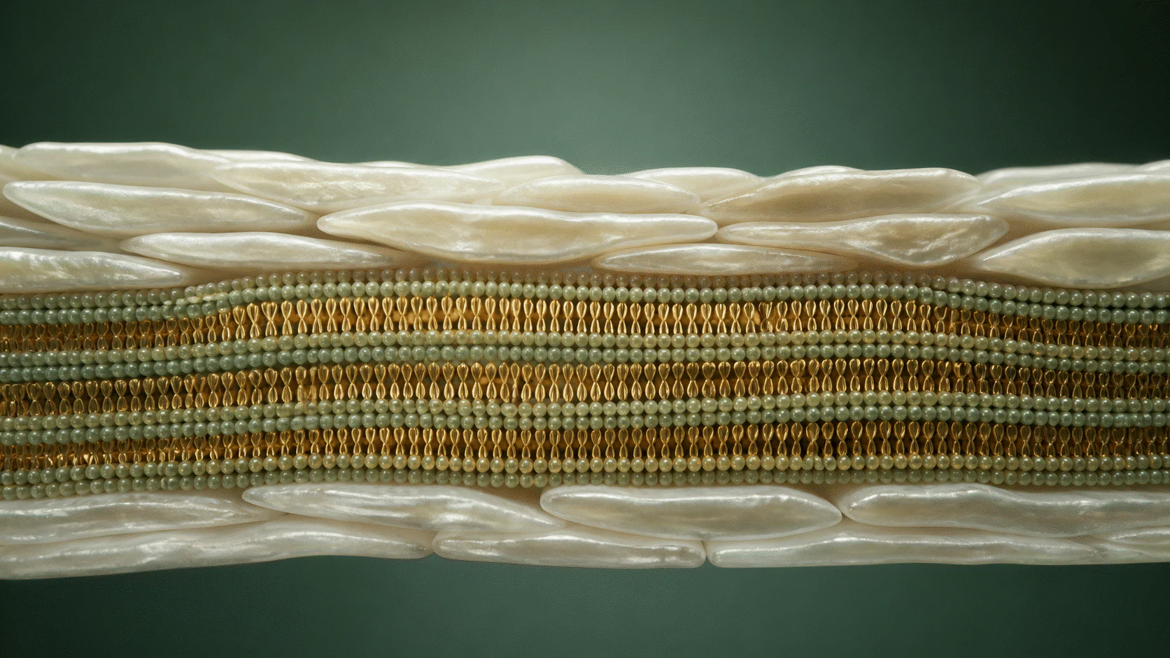 Ordered sage and gold lamellar layers arranged between rows of pearlescent skin-like forms.