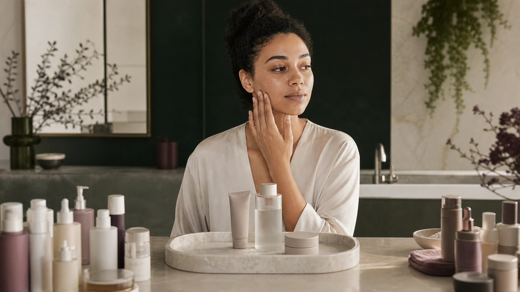 Woman touching her cheek at a green-and-pearl vanity with three skincare containers centered among a larger unlabeled assortment.