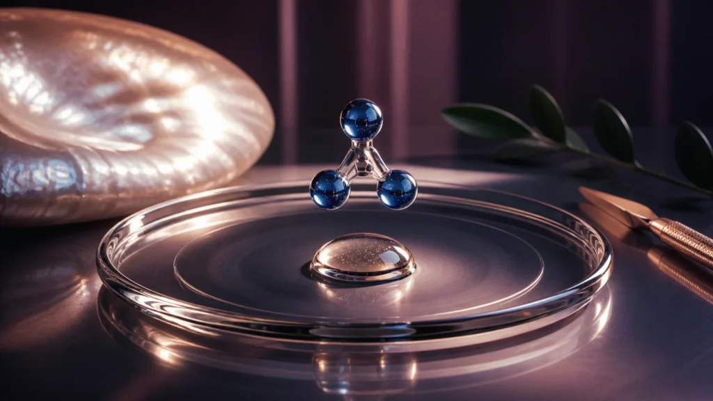 Copper-blue three-part sculptural motif above a clear serum droplet on a plum-lit glass measurement plate.