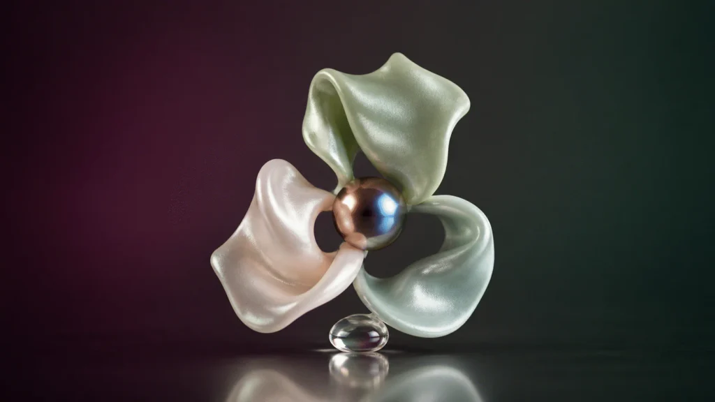 Three folded pearlescent forms surrounding a copper-blue sphere above a clear droplet.