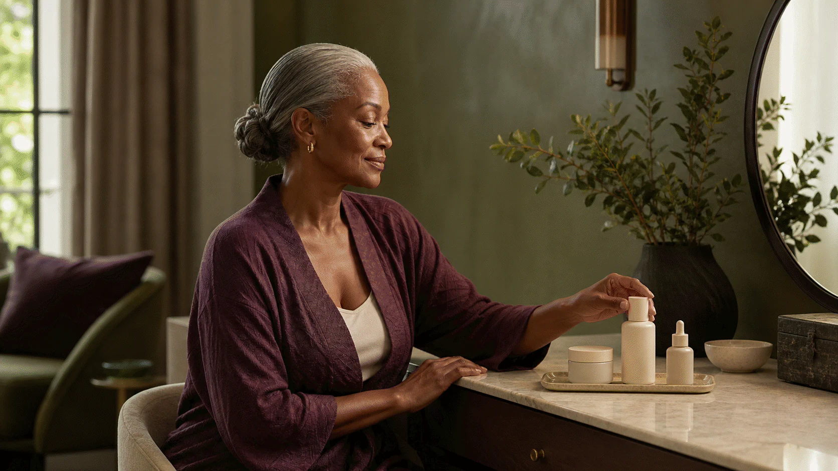 Mature Black woman selecting from three unlabeled skincare containers at a warm green-and-plum vanity.