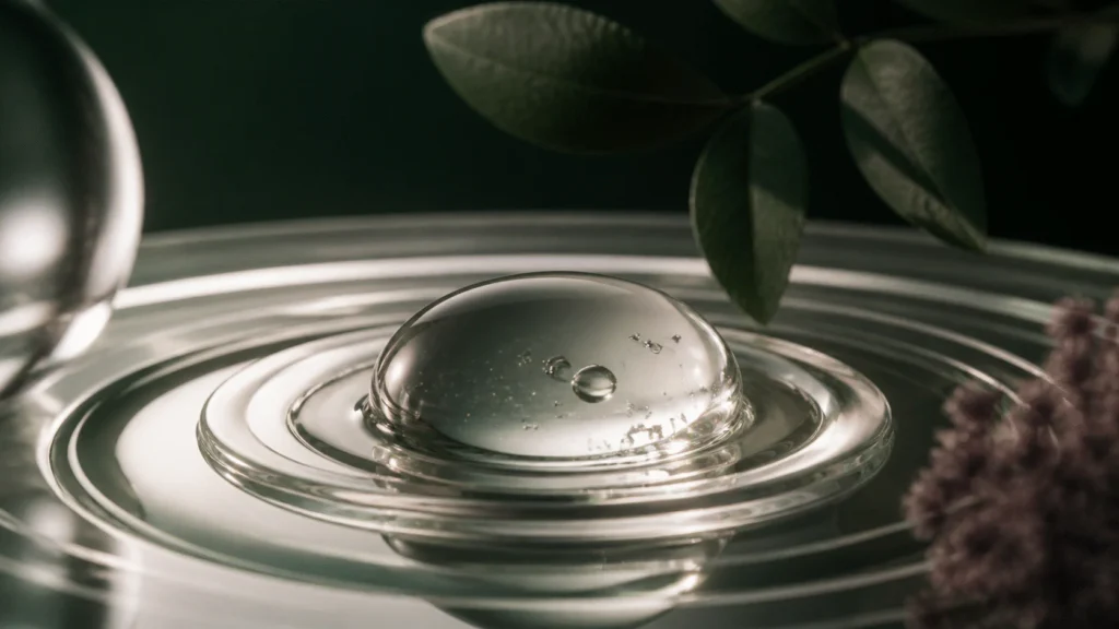 Clear domed gel droplet resting in concentric glass dishes with deep-green leaves.