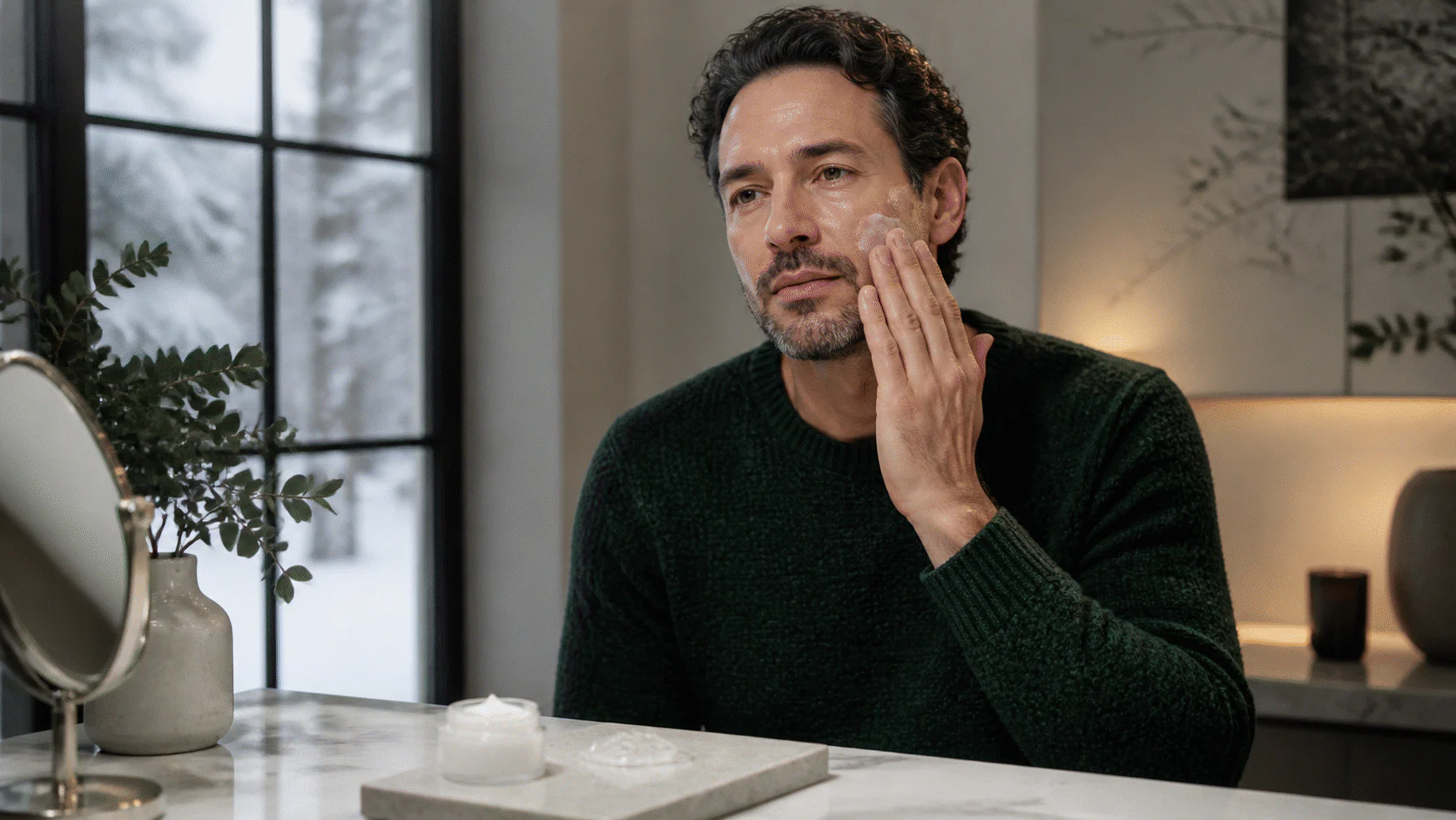 Man applying moisturizer at a vanity beside a winter window, with cream and clear gel textures nearby.