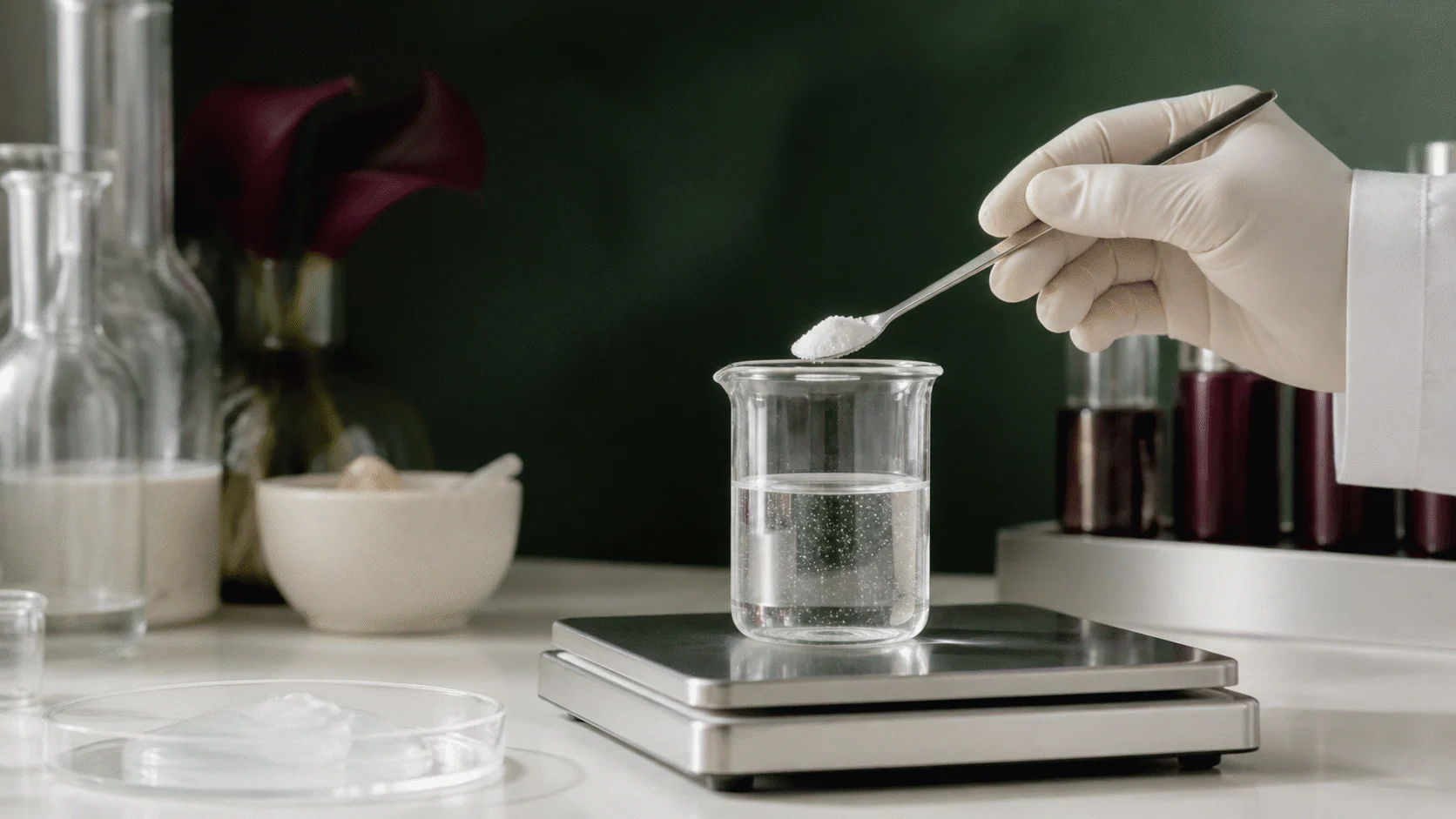 Gloved formulator adding a small measured spoonful of white powder to a clear serum beaker.