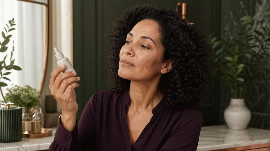 Woman with natural skin texture examining an unlabeled serum bottle at a forest-green vanity.