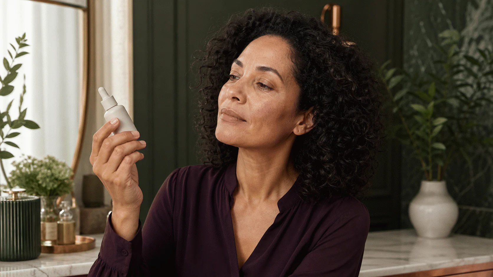 Woman with natural skin texture examining an unlabeled serum bottle at a forest-green vanity.