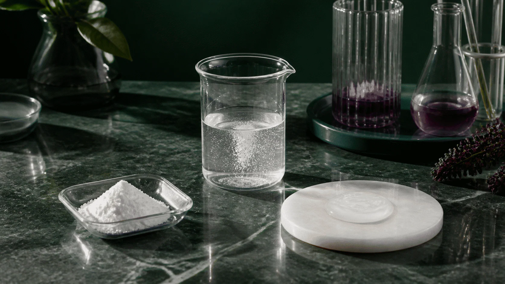 Fine white cosmetic powder dissolving in a clear beaker beside a finished gel texture sample.