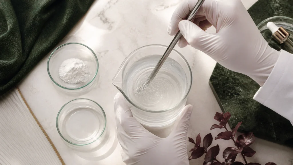 Gloved formulator stirring a clear serum beside separate powder and liquid input dishes.