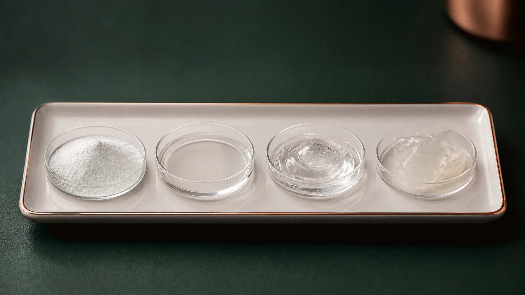 Four matching dishes showing powder, liquid, viscous gel, and hydrated film material forms.