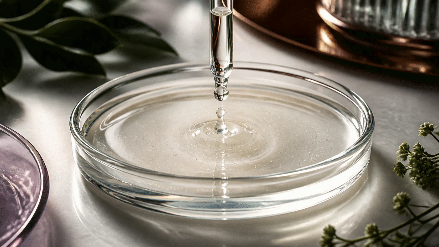 Dropper dispensing clear serum into a shallow glass dish on a controlled formulation bench.