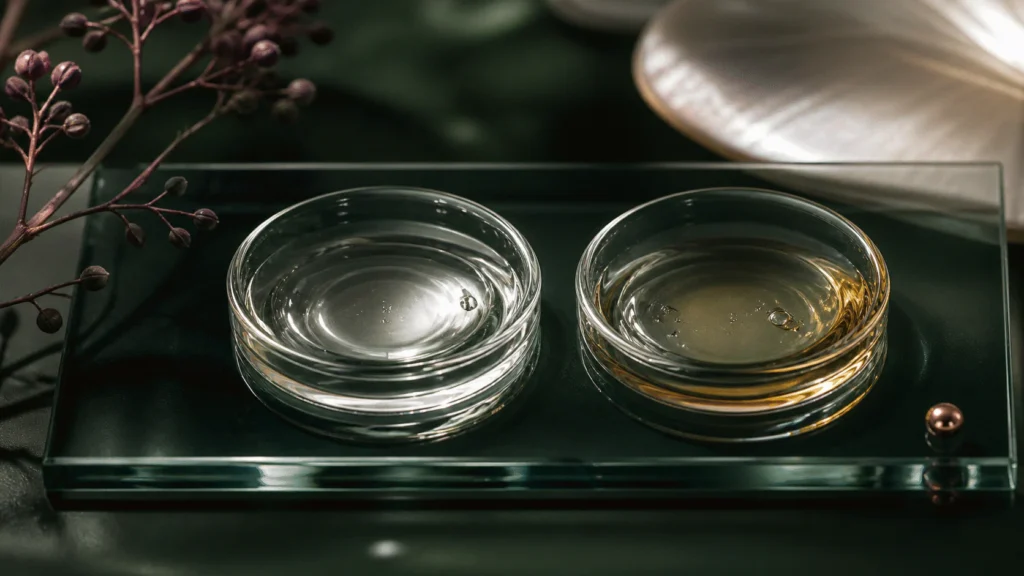 Clear and pale-golden oils displayed side by side in matching glass dishes.