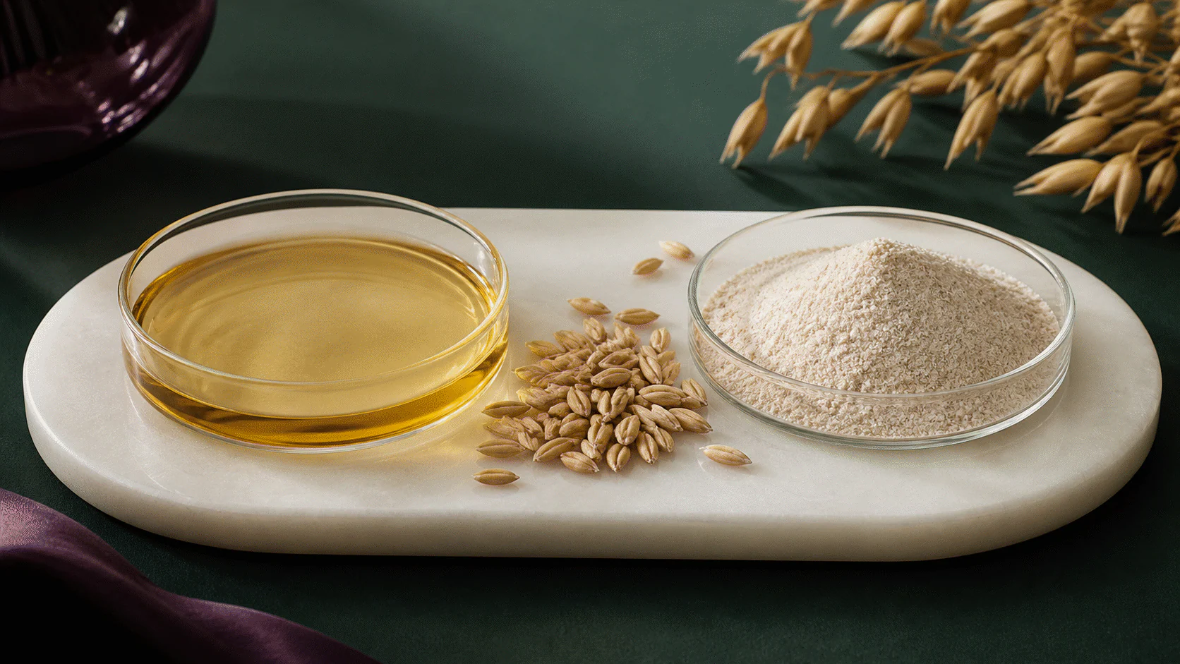 Golden oat kernel oil and pale colloidal oatmeal powder displayed beside whole oat grains.