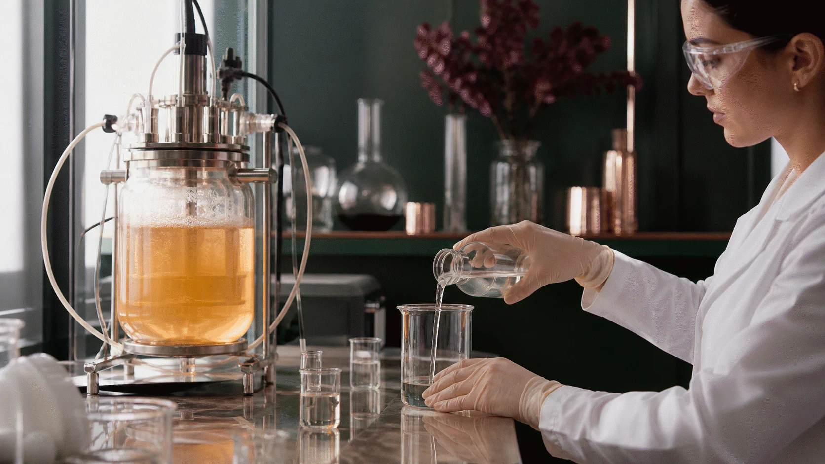 Technician transferring a clear purified solution beside an amber fermentation vessel on a cosmetic-science bench.