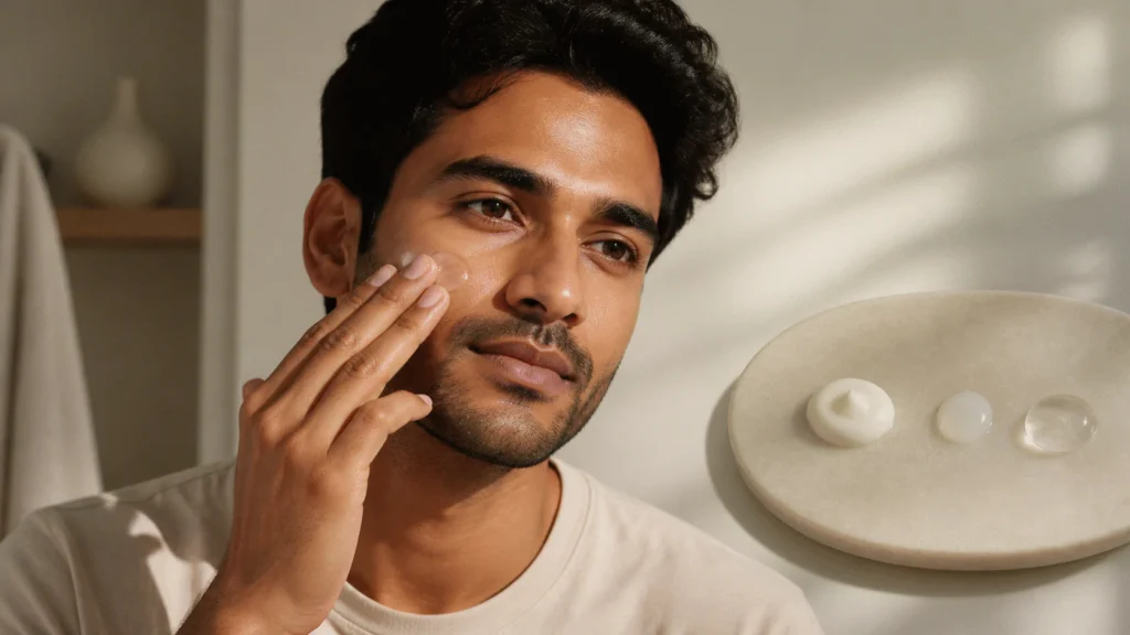 Young man applying clear serum beside three simple skincare texture samples on a pearl palette.
