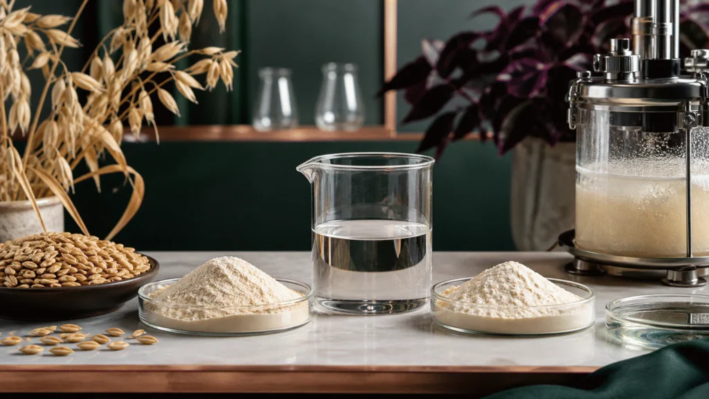 Oat grains and two beta-glucan powder samples displayed beside a yeast fermentation vessel and clear formulation base.