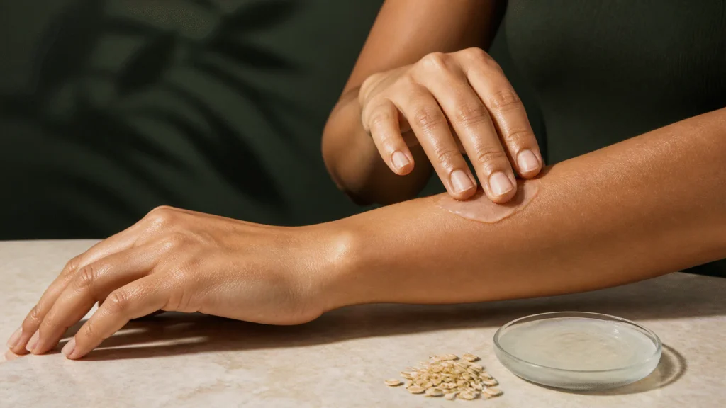 Adult smoothing translucent oat gel onto a naturally textured forearm beside oat grains and a shallow gel dish.
