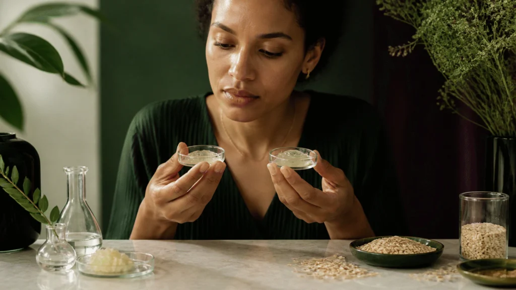 Woman comparing two clear gel samples at an oat-material formulation table.