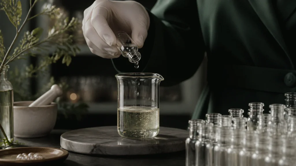 Gloved formulator adding a measured clear droplet to a serum beaker beside unused vials.
