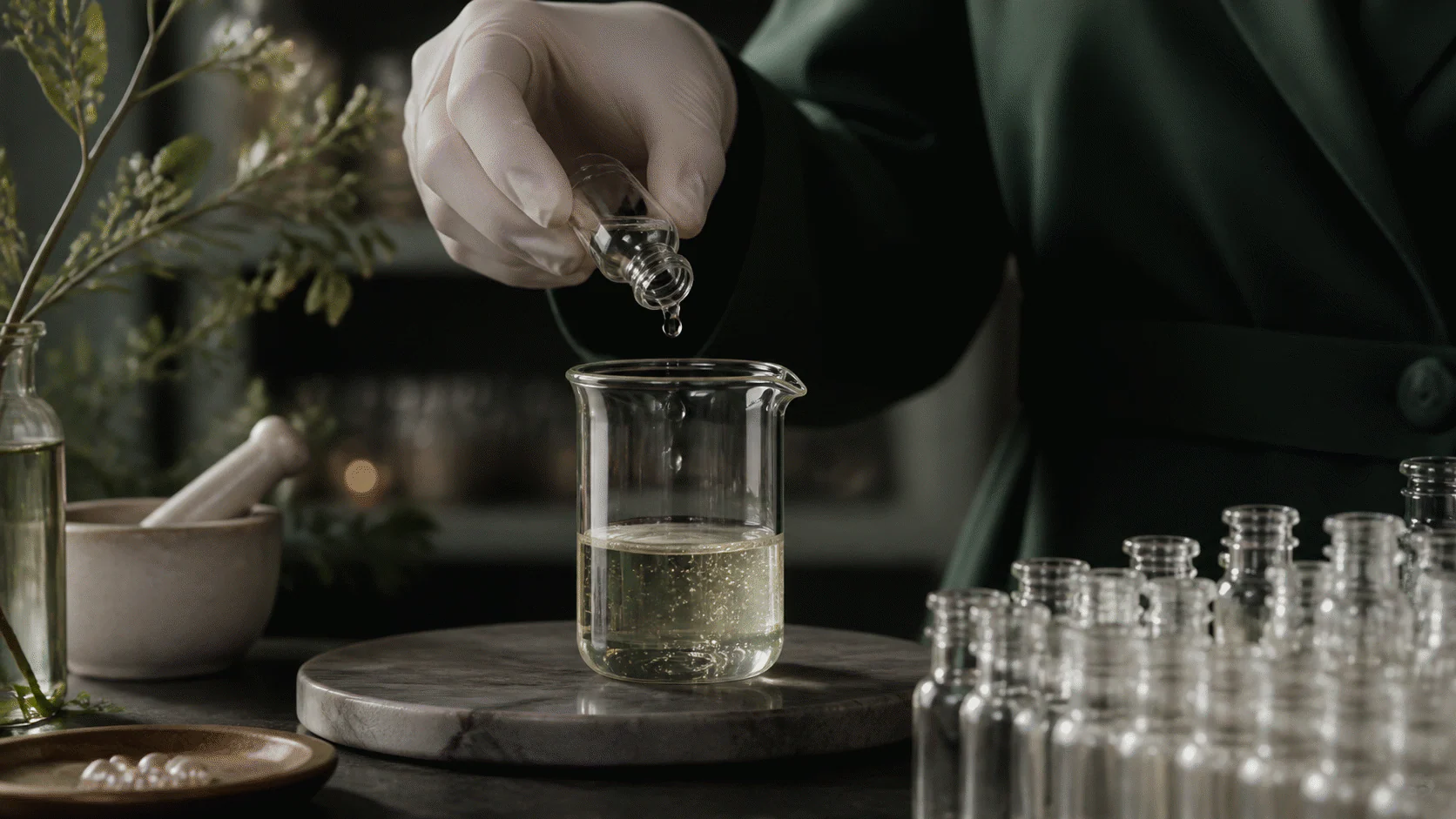 Gloved formulator adding a measured clear droplet to a serum beaker beside unused vials.