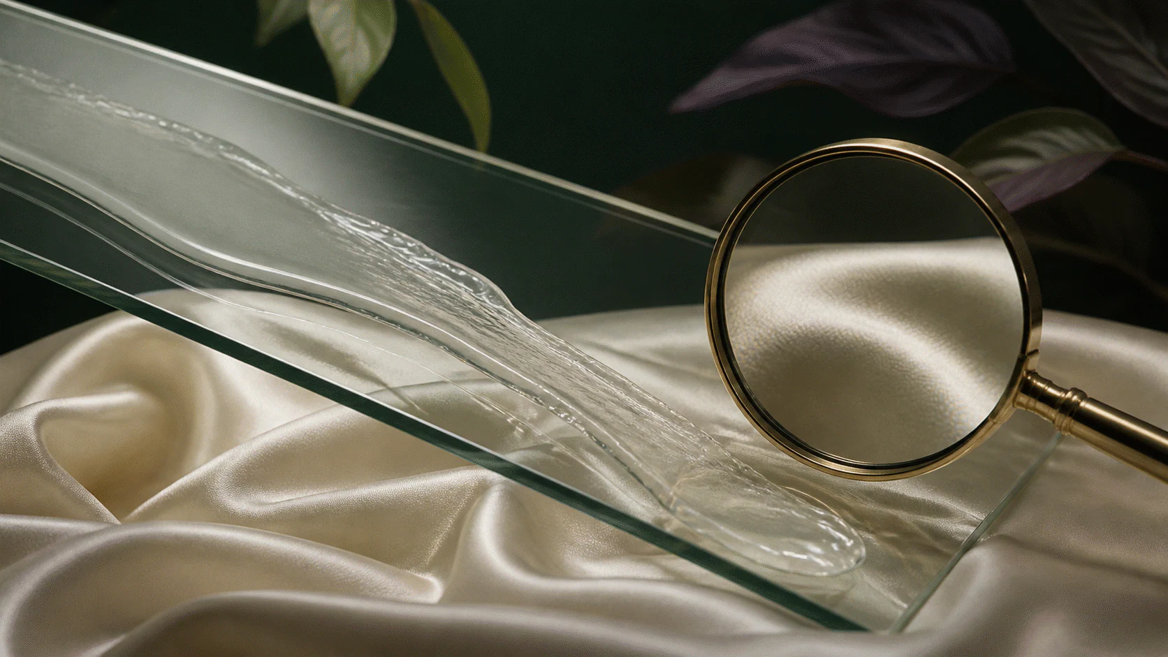 Clear serum film sliding down inclined glass above pearl silk beside a magnifying lens.