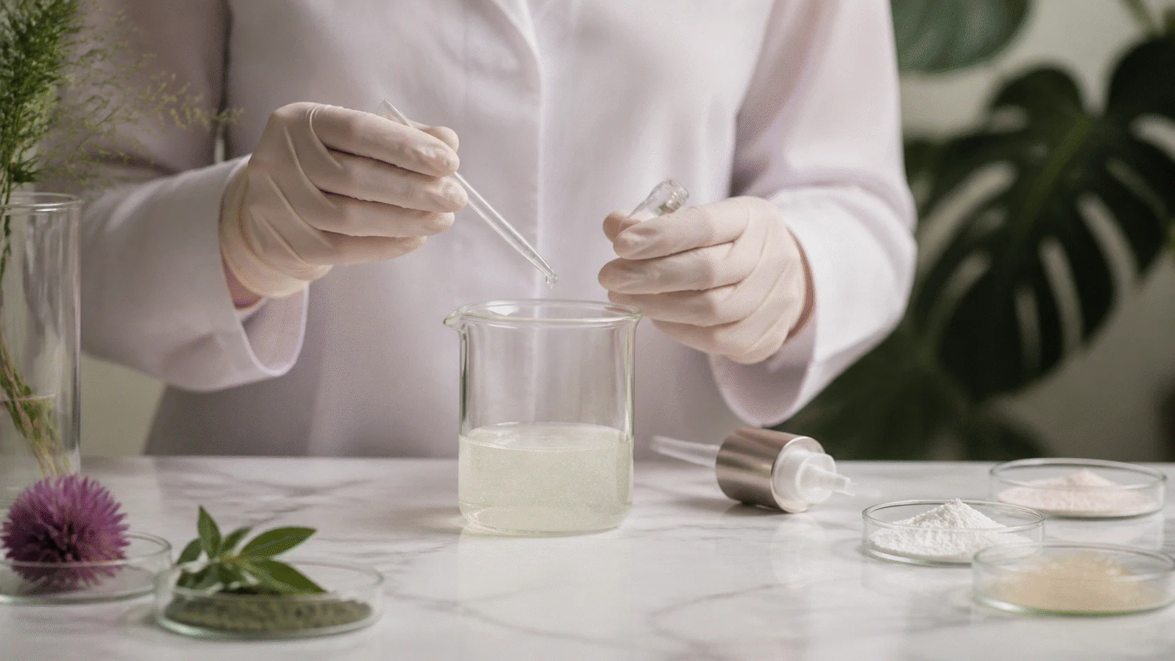 Gloved formulator adding clear liquid to a water-based gel beside powder samples and a pump component.