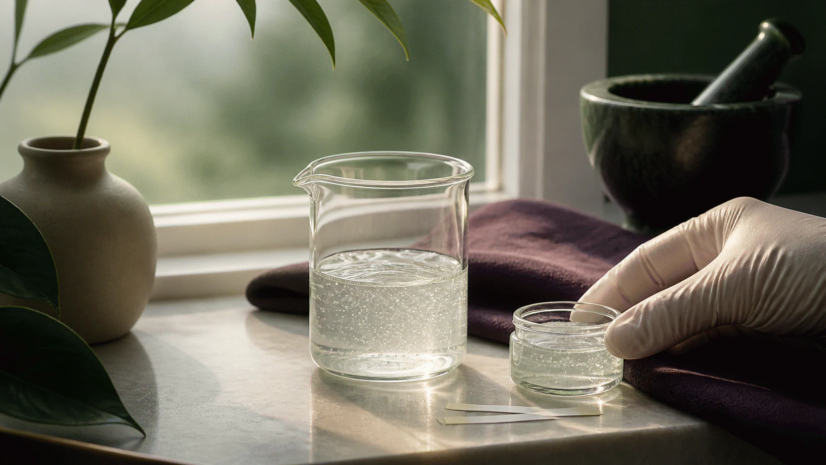 Gloved hand checking a retained gel sample beside a larger beaker and two blank indicator strips.
