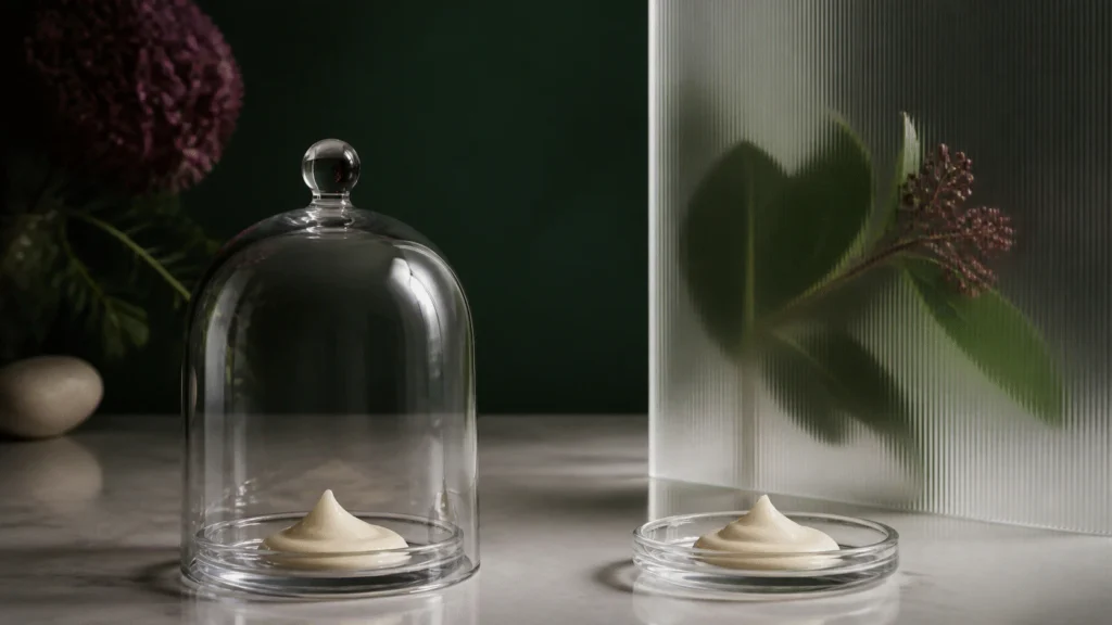Two matching cream samples, one beneath a clear cloche and one beside a botanical behind frosted glass.