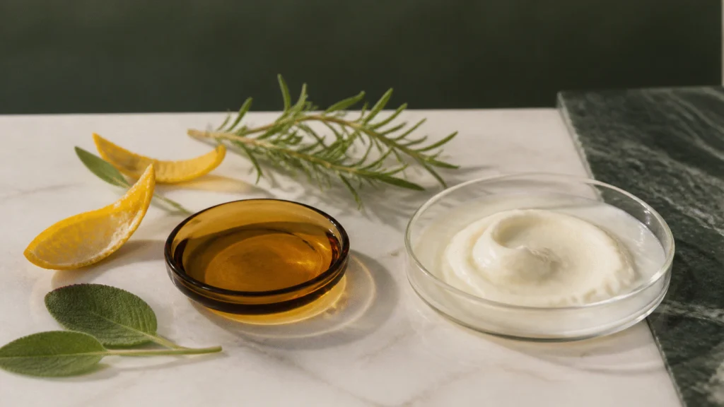 Amber essential-oil dish beside citrus peel, aromatic leaves, and a separate cream sample.