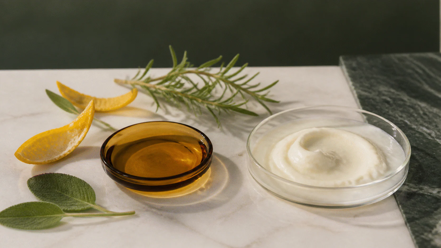 Amber essential-oil dish beside citrus peel, aromatic leaves, and a separate cream sample.
