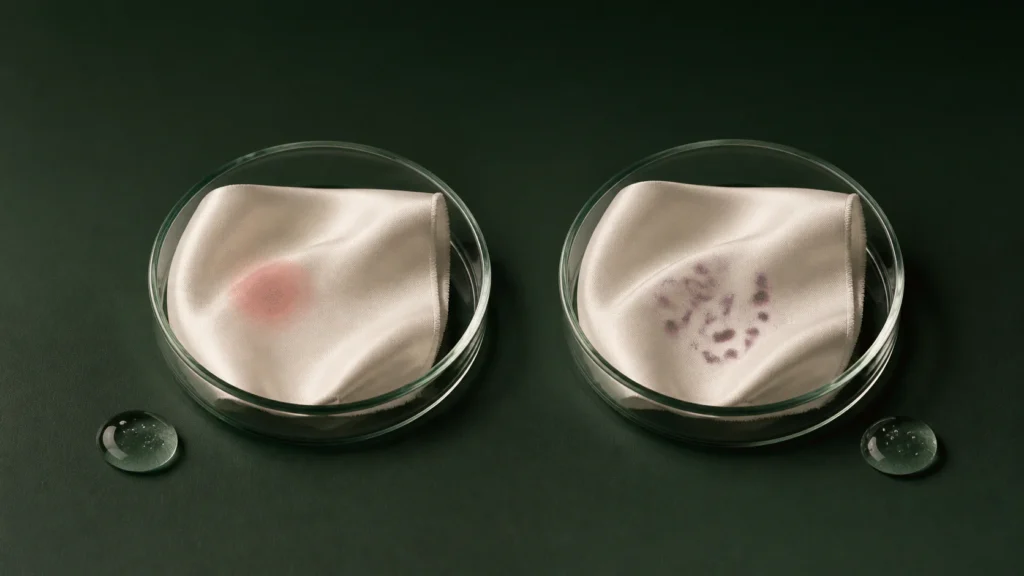 Two ivory silk swatches showing a blush patch and separate plum speckles beside clear gel droplets.