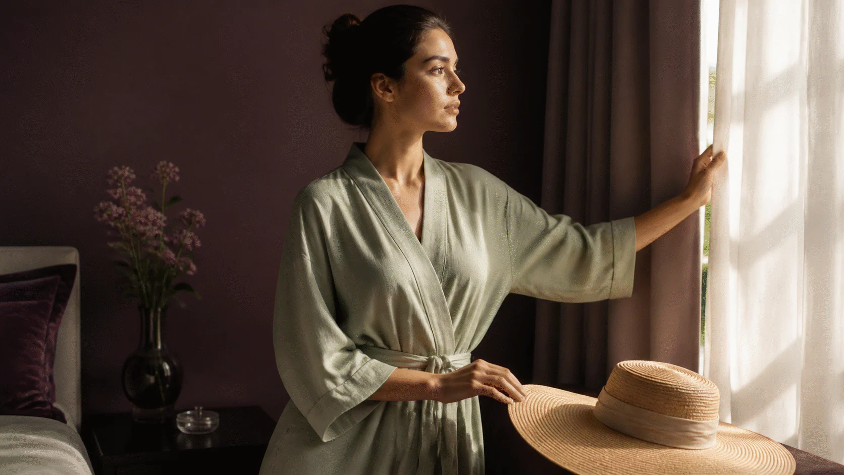 Woman opening a sunlit curtain beside a wide-brim hat and a small night-serum dish.