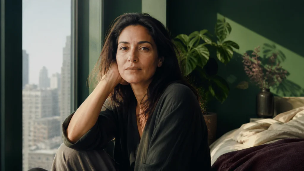 Woman seated by a city window with filtered sunlight, plants, and rumpled bed linen.