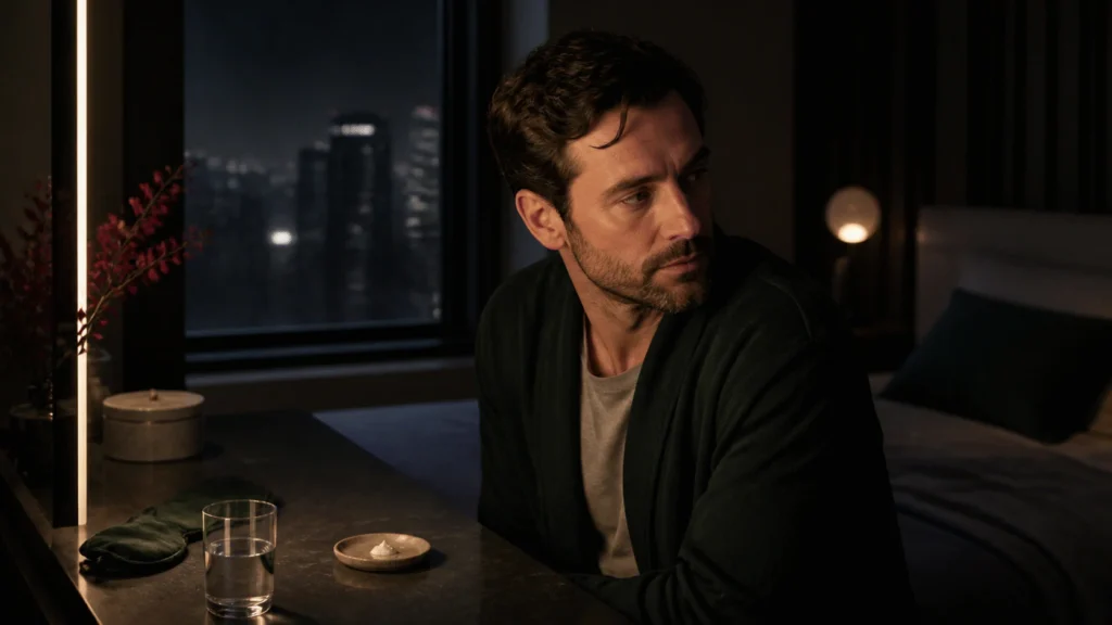 Man at a nighttime vanity beside a city window, sleep mask, water, and serum dish.