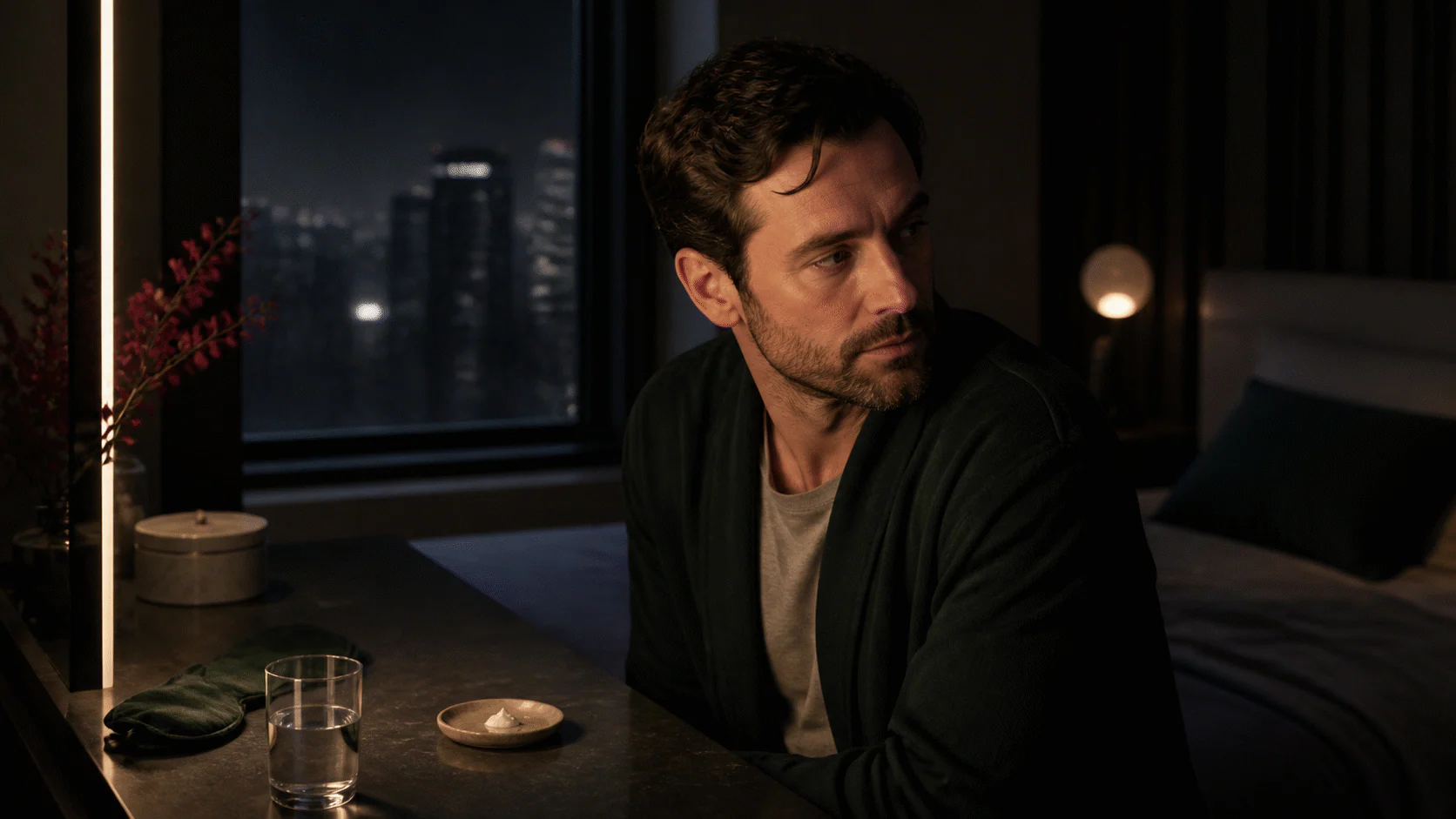Man at a nighttime vanity beside a city window, sleep mask, water, and serum dish.