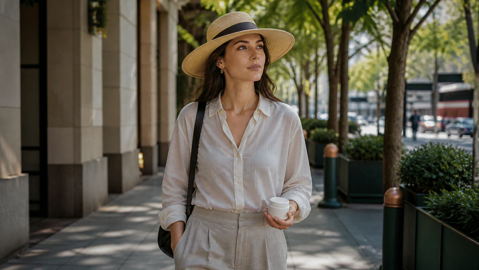 Woman in a wide-brim hat and linen shirt walking through a shaded city arcade with a plain moisturizer jar.