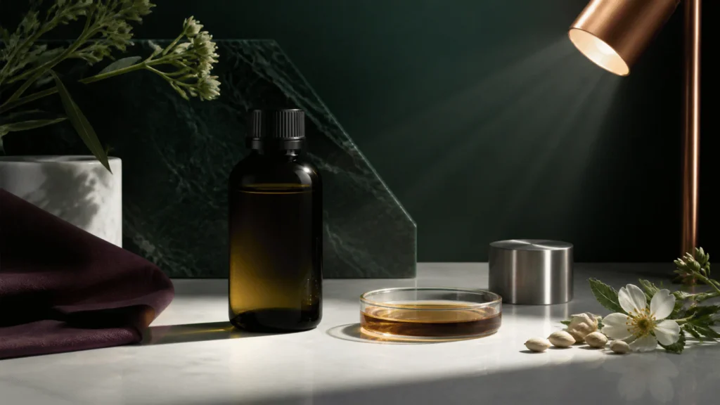 Protected dark oil bottle beside a darker exposed oil sample under controlled bench light.