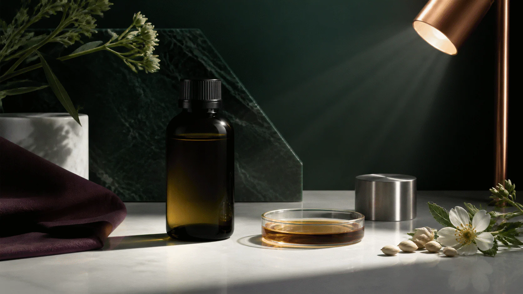 Protected dark oil bottle beside a darker exposed oil sample under controlled bench light.