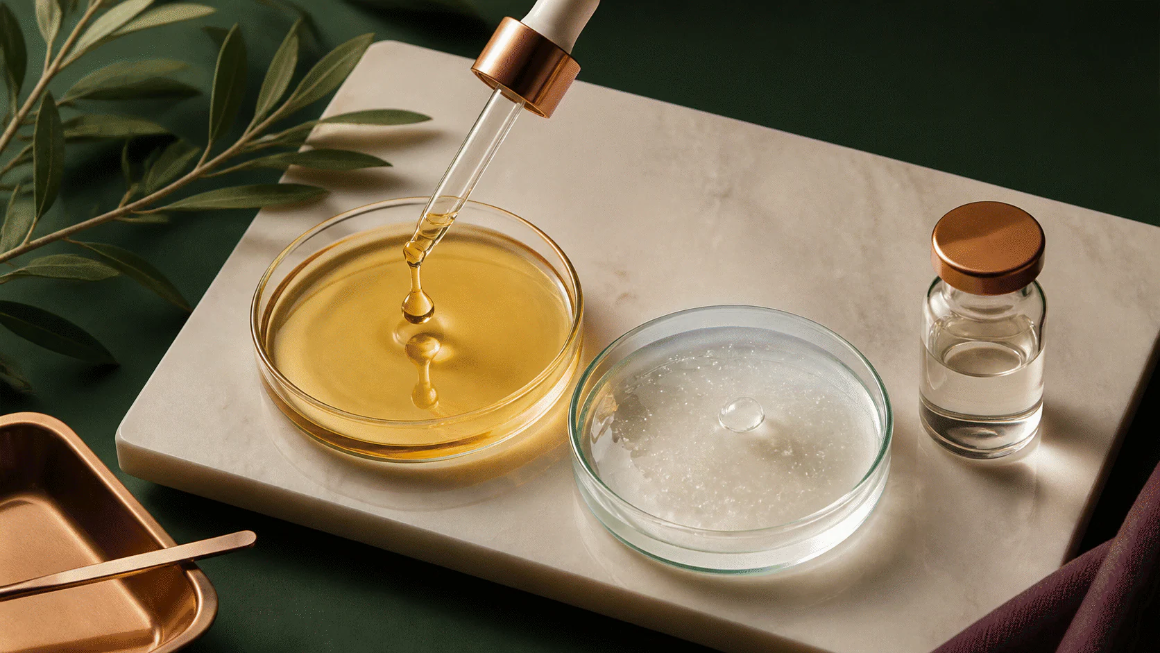 Golden oil phase receiving an amber droplet beside a separate water-based gel and clear vial.