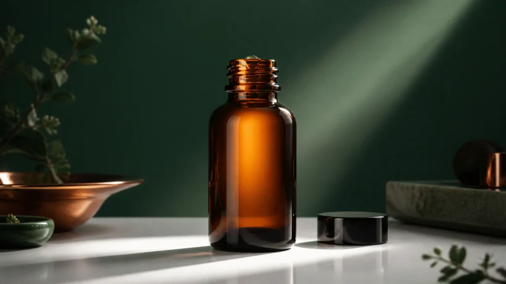 Open amber glass bottle glowing at the edges in a narrow beam of light.