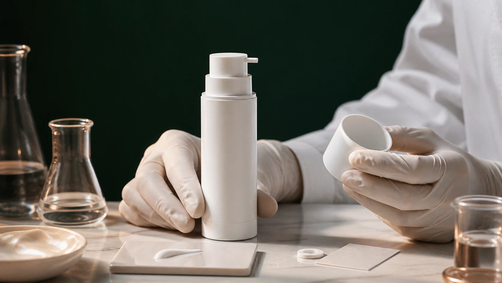 Gloved formulator evaluating an intact airless pump, cap, gasket, material coupon, and cream swatch.