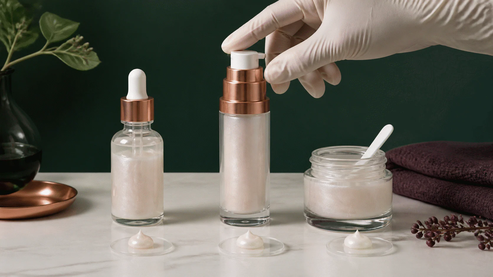 Unlabelled dropper bottle, pump, and open jar containing the same pearl cream.