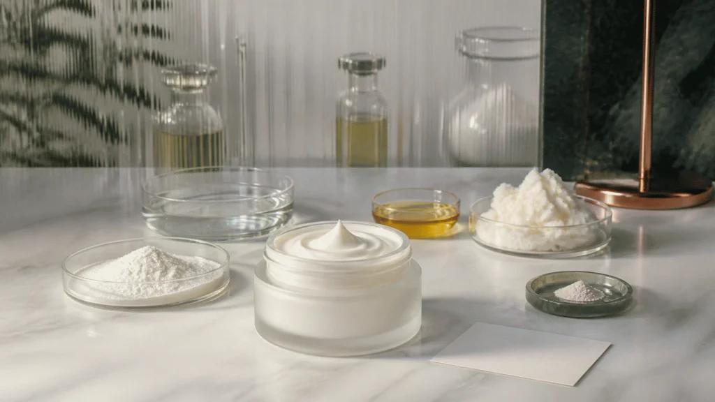 Finished cream surrounded by separate water, oil, powder, and functional formulation materials.