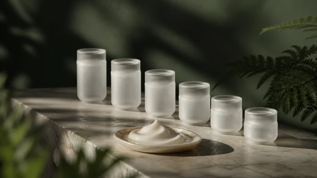 Descending row of opaque frosted vessels beside a finished cream sample.