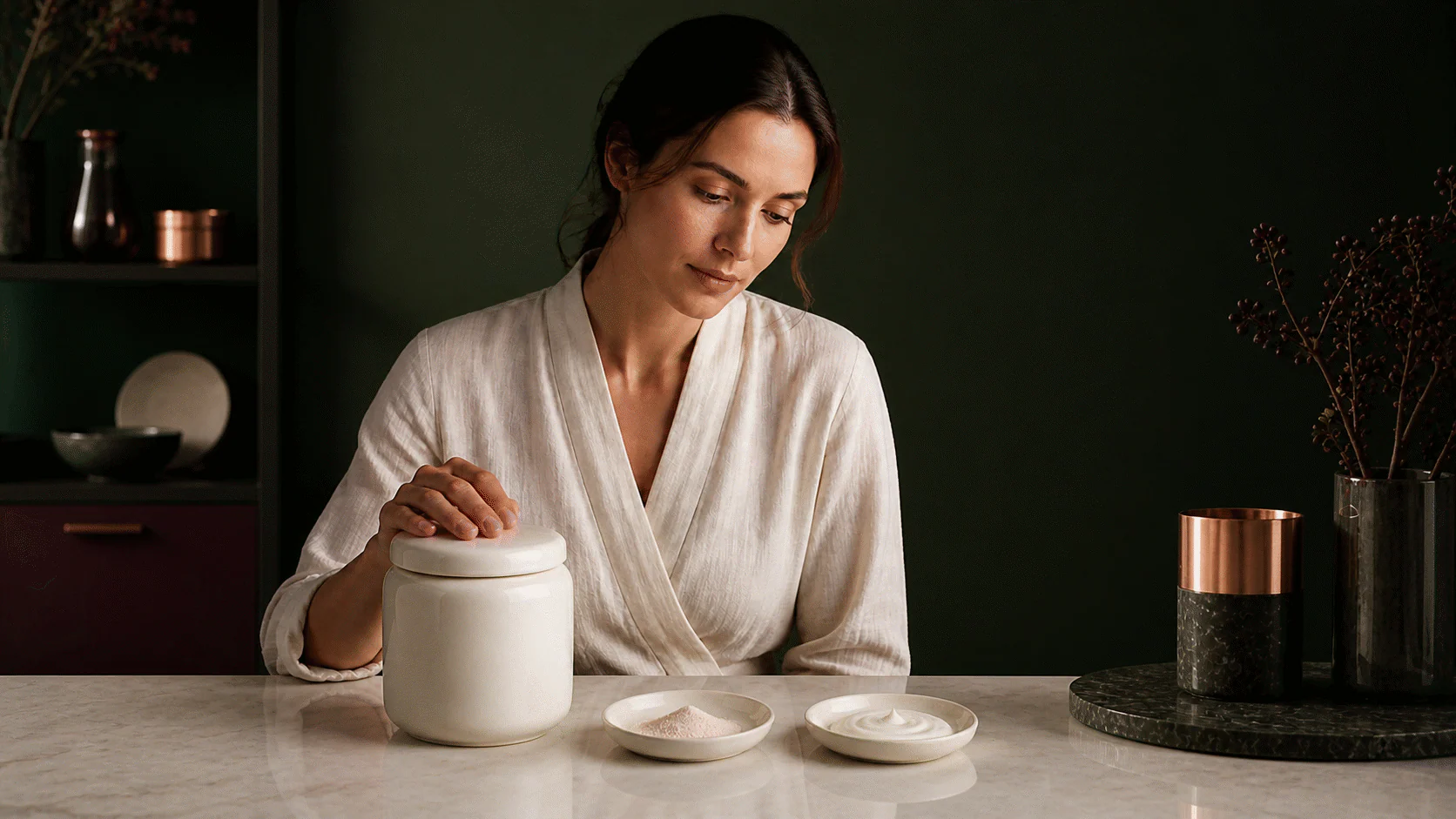 Woman formulator with a closed ceramic raw-material jar, small powder sample, and cream swatch in a rich green and copper studio.