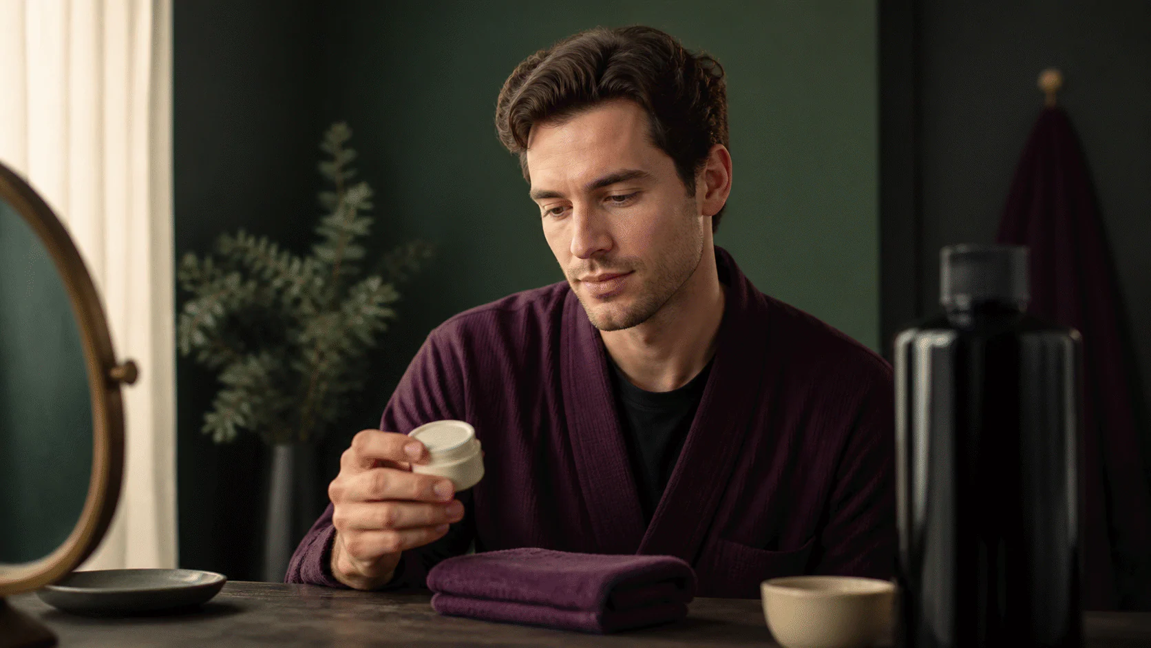 Young man choosing a small plain cream jar while an oversized dark bottle remains blurred.