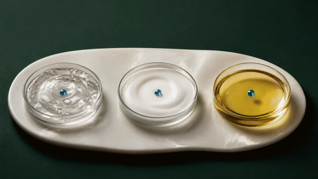 Clear gel, pearl emulsion, and golden oil wells each holding one small copper-blue material bead.