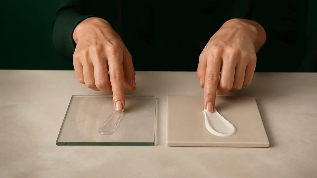 Two hands comparing translucent gel on glass with richer pearl cream on ceramic.