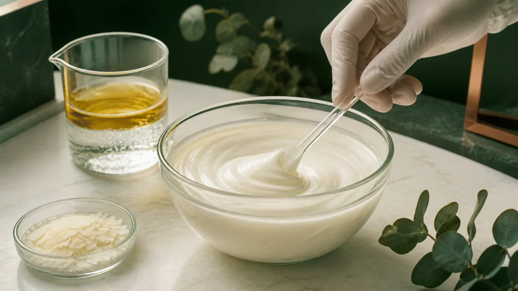 Smooth pearl emulsion being folded beside visibly separate oil and water phases and waxy flakes.